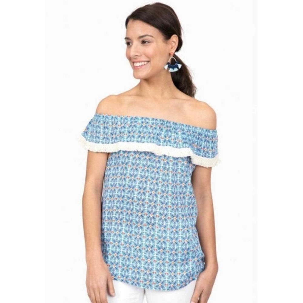 Roberta Roller Rabbit Lucia XS Blue Geometric Off Shoulder Ruffle Fringe‎ Top